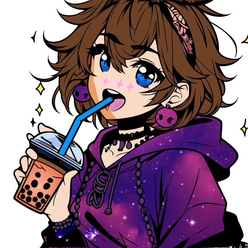 hot baddie anime girl drinking boba and biting the straw