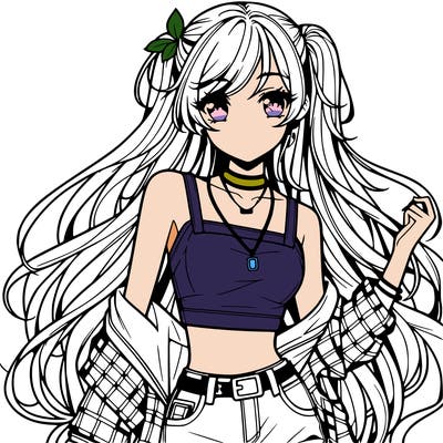 hot anime girl with long hair wearing a crop top and jorts