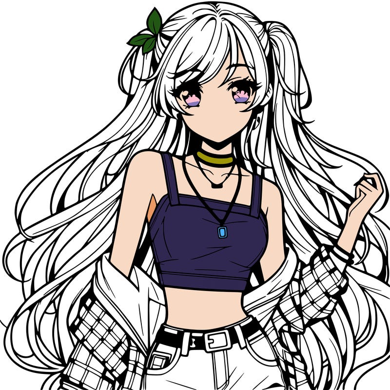 hot anime girl with long hair wearing a crop top and jorts