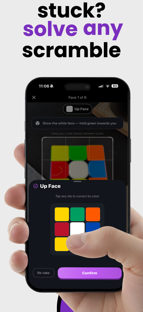 CuberPal: Cube Timer & Coach - CuberPal app screen showing a user scanning and correcting colors on a Rubiks cube to solve a scramble