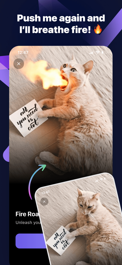 SnapVibe app interface showing a photo of a cat transformed into an AI video breathing fire