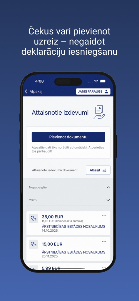 Mans VID - 税控除対象の領収書を追加および管理するためのMans VIDアプリのインターフェース。
