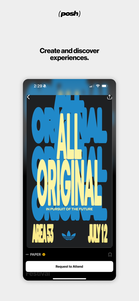 A mobile phone displaying the Posh app interface with a stylish event poster and a request to attend button.