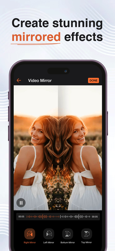 Una captura de pantalla de la interfaz de un editor de video móvil que demuestra una herramienta de efecto espejo en una foto de una mujer en un campo