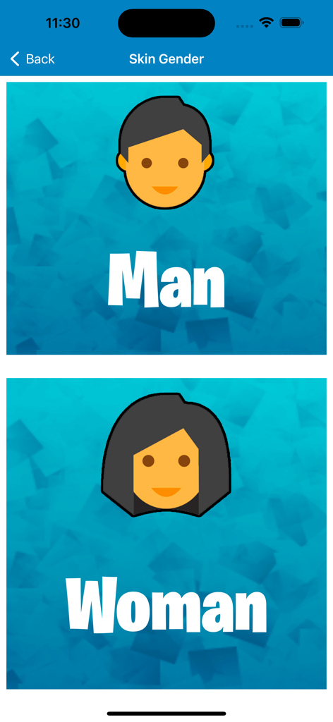 gender selection screen in the fortnite skin creator app showing man and woman options