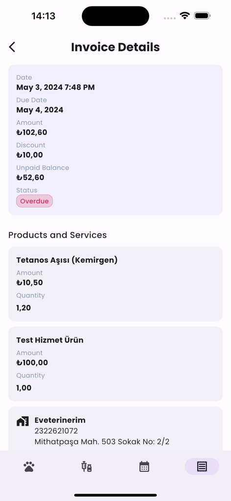 Veterian - Pet Health & Care - モバイルアプリの画面。サービス、費用、支払い状況を含む詳細な獣医請求書情報が表示されています。