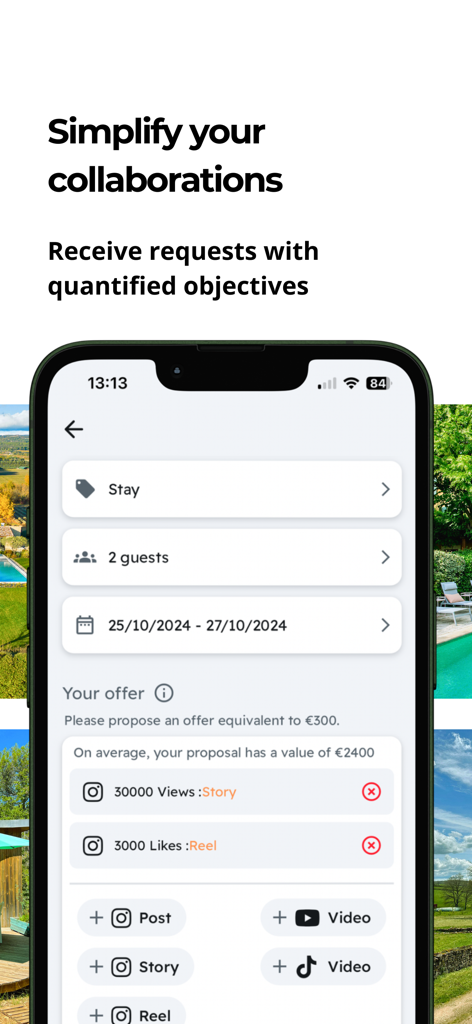 Stayfluence - Stayfluenceアプリのインターフェース。クリエイターコラボレーションの提案が表示され、物件の宿泊と引き換えにビュー数やいいね数などの特定のソーシャルメディア指標が示されている