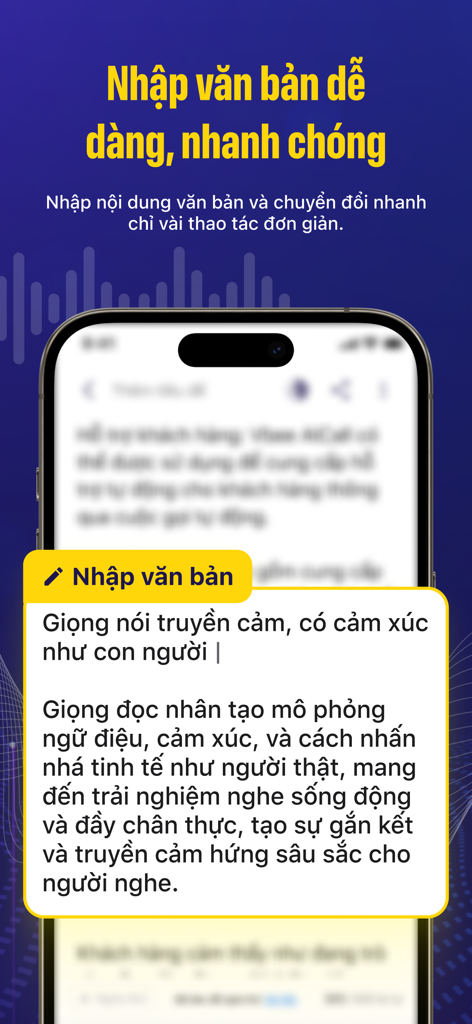 Vbee AIVoice - Text To Speech - Vbee AIVoice Mobile-App-Oberfläche zur Umwandlung von Text in natürlich klingende KI-Sprache