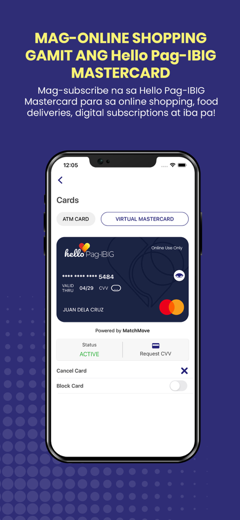 Captura de tela do aplicativo HelloPag-IBIG mostrando o Mastercard virtual para compras online