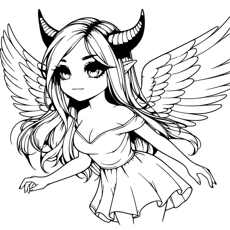 realistic girl with horns and flying with wings