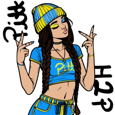 realistic teenage girl with braids and a beanie and crop top doing 🫶🏼