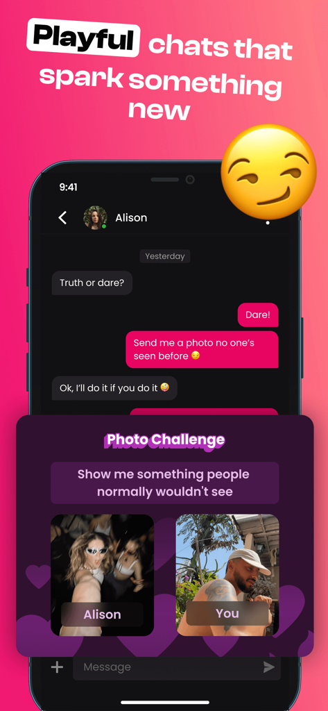 DOWN: The Casual Dating App - Chat interface of the DOWN dating app featuring a playful photo challenge game between users