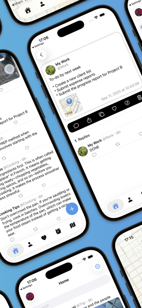 TwiNotes - TwiNotes app interface displaying private notes and to-do lists in a social media feed layout