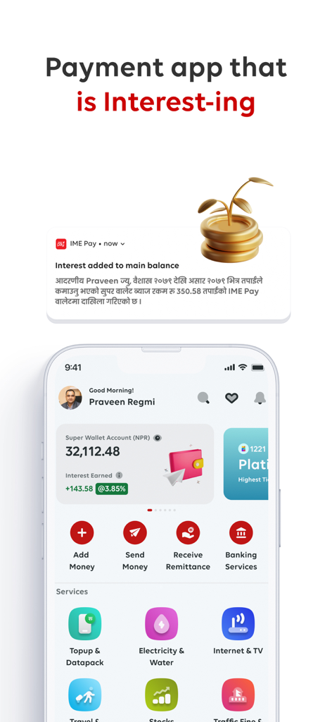 IME Pay mobile app dashboard displaying wallet balance and interest earned features