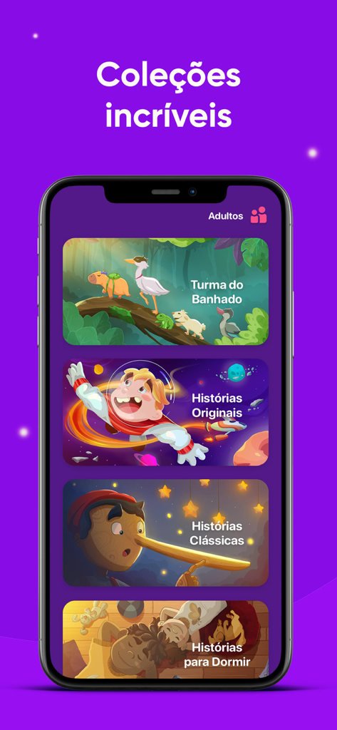 Ein mobiler Bildschirm, der verschiedene Hörgeschichten-Kategorien für Kinder auf Portugiesisch zeigt, darunter Original- und klassische Erzählungen