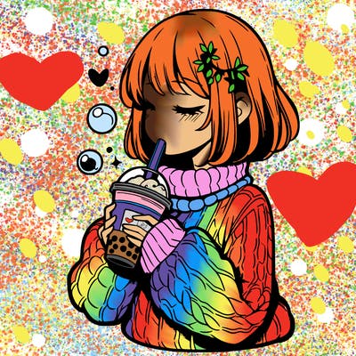 manga girl drinking boba in cozy sweater
