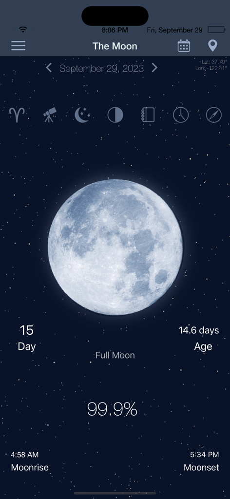 Screenshot of The Moon app showing a full moon with illumination data and rise and set times