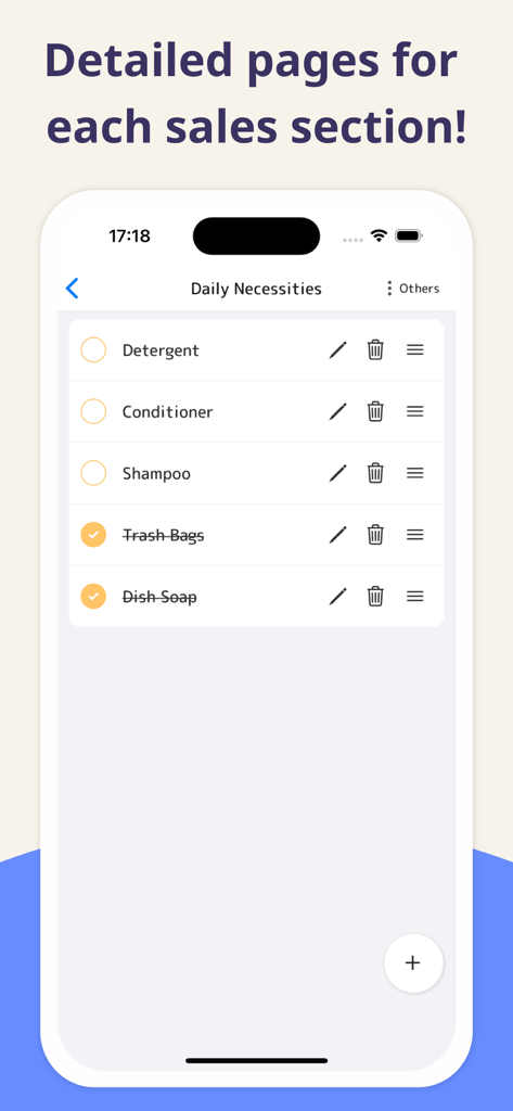Shopii – Grocery Shopping List - Shopii 앱에서 세제, 샴푸와 같은 품목이 있는 일용 잡화 쇼핑 목록을 보여주는 휴대폰 화면