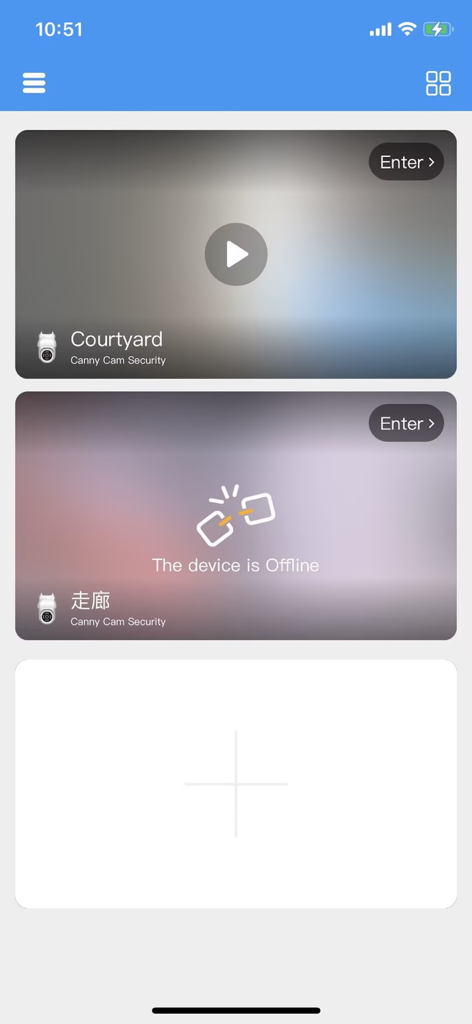 Canny Cam - Canny Cam mobile app interface displaying a list of security cameras including an active courtyard feed and an offline corridor camera.
