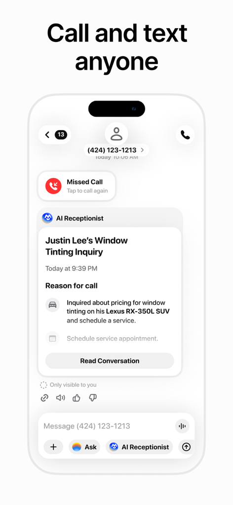 Beside (M1): AI Receptionist - Écran d'iPhone montrant Beside AI Receptionist résumant une demande d'appel professionnel pour la teinture de vitres.