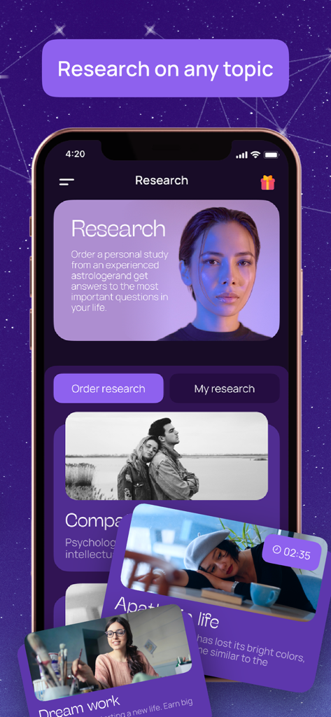 Numia: Astrology and Horoscope - Interface of the Numia app showing the personal astrology research and study section