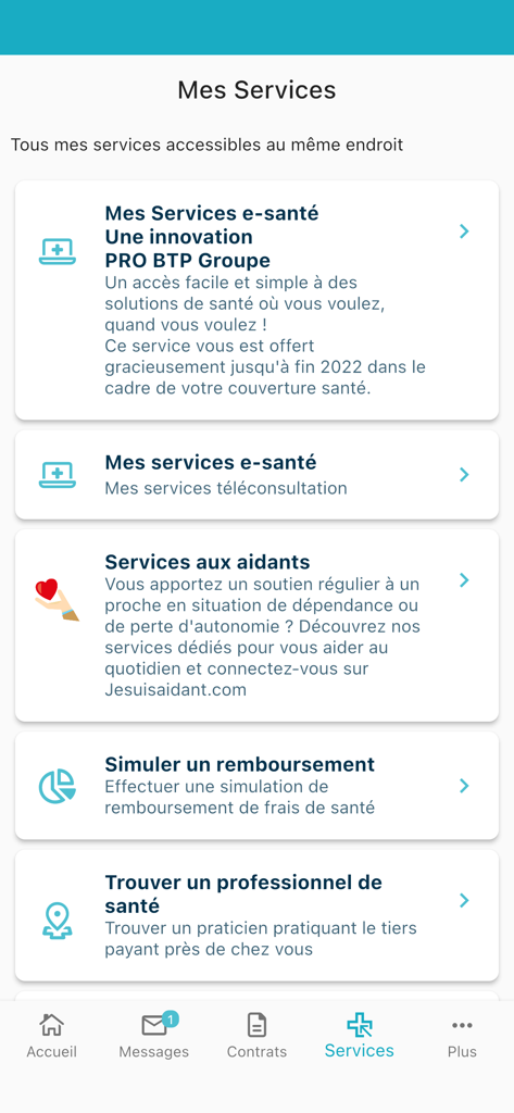 Écran des services de l'application PRO BTP Santé affichant les options de téléconsultation pour le soutien aux aidants et la recherche de professionnels de santé