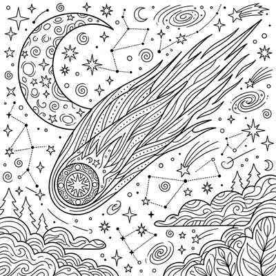 Embark on an astronomical journey with this stunning Hale-Bopp Comet coloring page, set against a star-studded night sky. This intricate design invites you to bring cosmic wonder to life with your favorite colors.