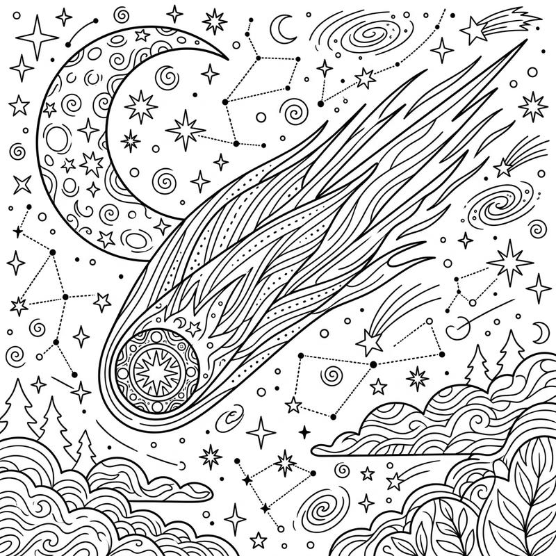 Embark on an astronomical journey with this stunning Hale-Bopp Comet coloring page, set against a star-studded night sky. This intricate design invites you to bring cosmic wonder to life with your favorite colors.