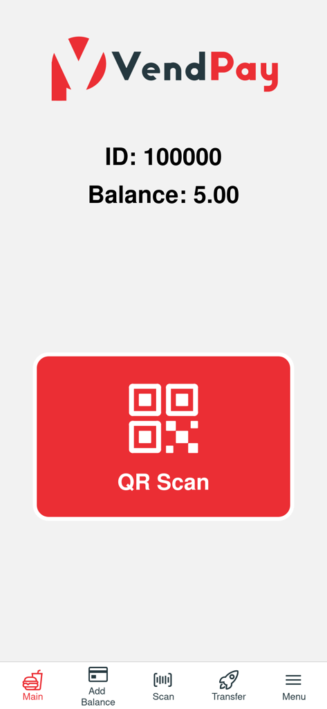 VendPay - VendPay mobile app interface showing the account balance and a large QR scan button for contactless vending payments