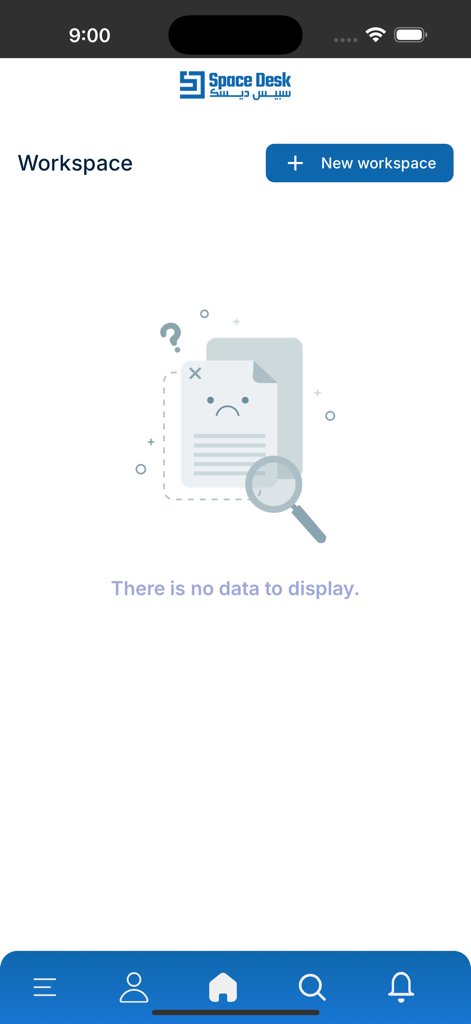 SpaceDesk App - Pantalla de espacio de trabajo vacío en la aplicación SpaceDesk con un botón para crear un nuevo espacio de trabajo