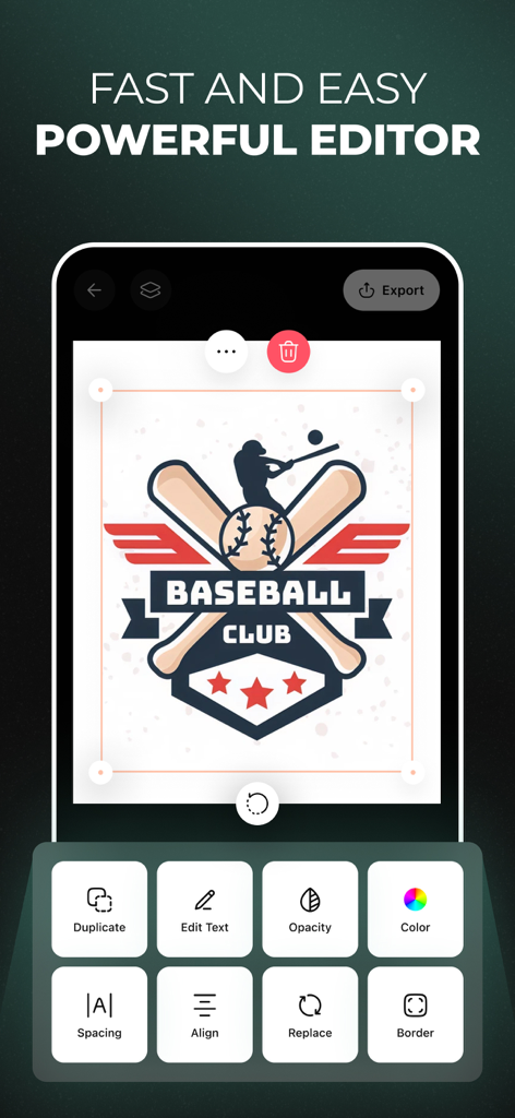 LookA AI: AI Logo Generator - LookA AI logo generator mobile interface showing a baseball club logo being edited with professional design tools