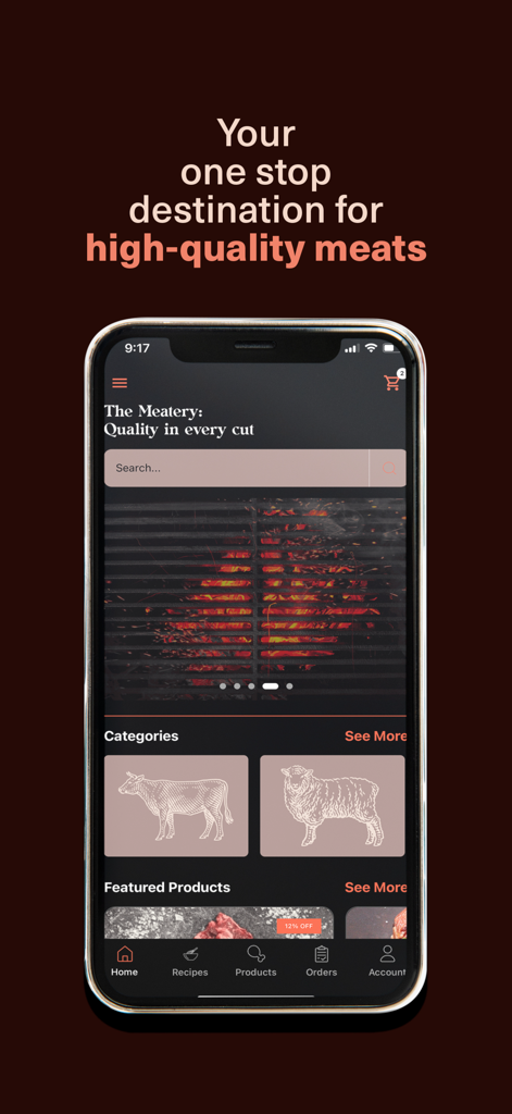 The Meatery mobile app home screen featuring premium meat categories and a grill advertisement.