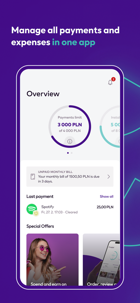 Panel de control de la aplicación móvil Twisto que muestra límites de pago, facturas impagadas e historial de transacciones