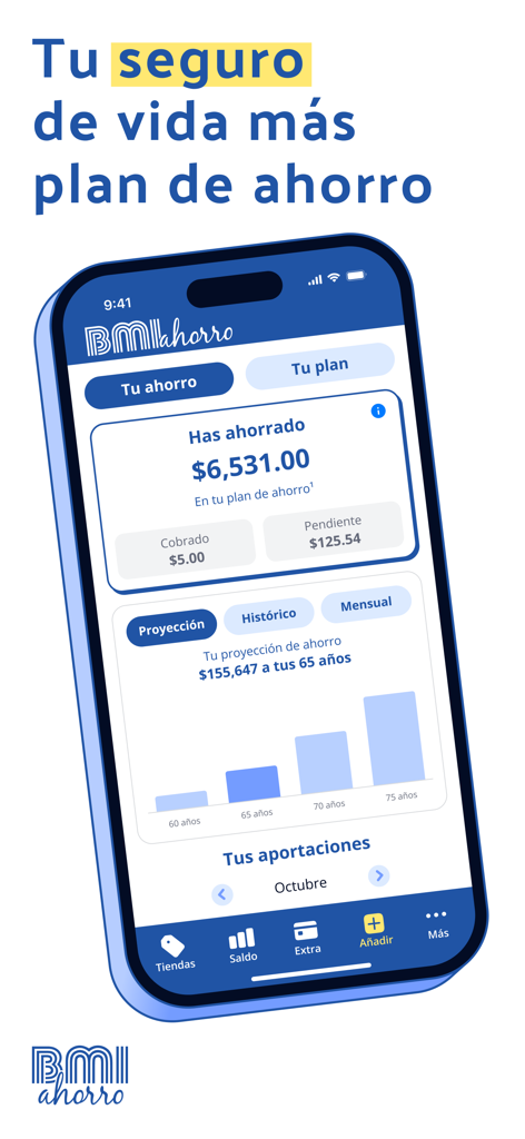 BMI Ahorro Ecuador - BMI Ahorro Ecuador mobile app showing savings balance and financial projection