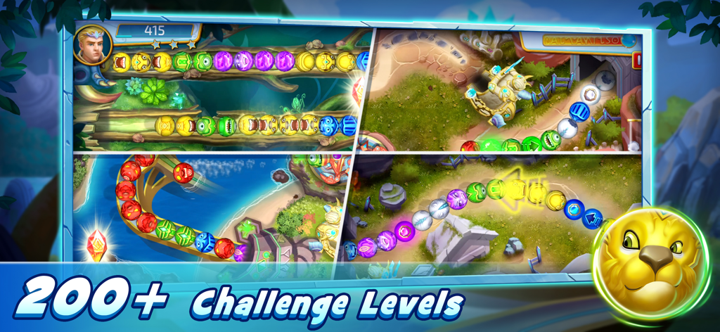 Atlantisor - Marble Blast - Atlantisor Marble Blastの4つの異なるゲームプレイ環境。カラフルなマーブルシューティングパズルが表示されている。