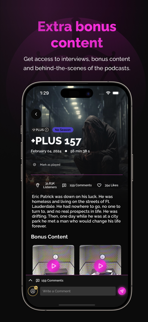 Sword And Scale - Sword and Scale app interface showing an episode page with extra bonus content and comments