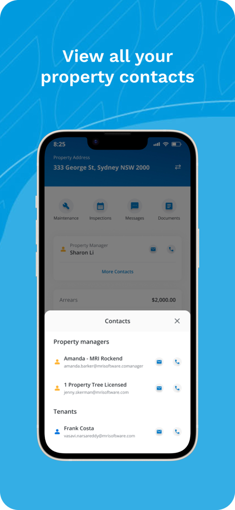 A mobile phone screen displaying the MRI Property Tree Connect app interface with a list of property manager and tenant contacts