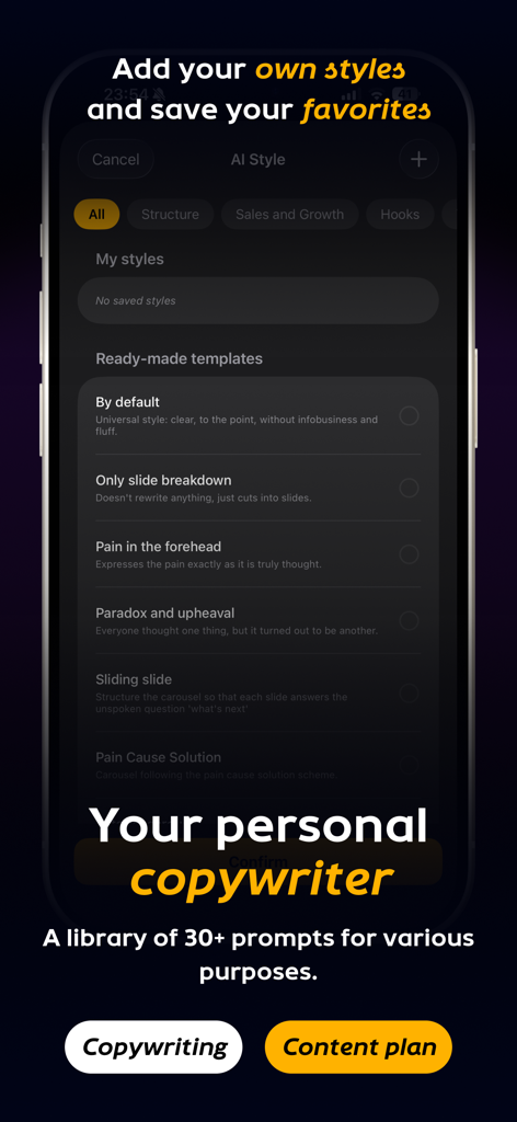 Carousel Collage AI: Carousai° - Interfaccia dell'app Carousai che mostra vari template e stili di copywriting AI per la creazione di contenuti sui social media