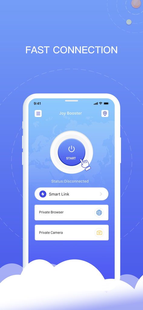 JoyBooster - VPN Proxy Master - Interfaz de la aplicación JoyBooster VPN que muestra un botón de inicio con un toque para una conexión rápida y opciones de navegación privada.