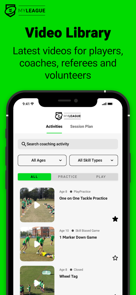 Captura de pantalla de la biblioteca de videos de la aplicación MyLeague que muestra actividades y ejercicios de entrenamiento de rugby.