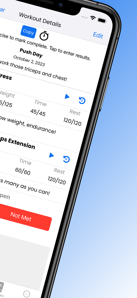 FitSW for Personal Trainers - Interfaccia dell'app FitSW che mostra i dettagli dell'allenamento con serie, peso e tempo di riposo per una sessione push day.