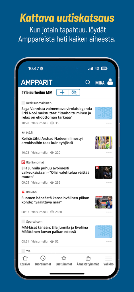 Uutiset – Ampparit.com - A mobile screen showing the Ampparit news aggregator app with a list of Finnish news headlines and sources