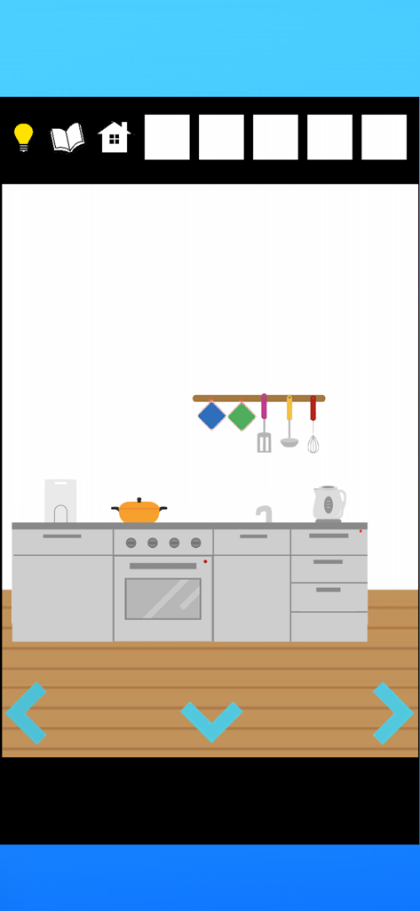 Minimalist kitchen interior scene with a stove sink and utensils in the Thief and Dog escape game