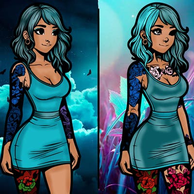realistic woman with tatoos wearing a short dress