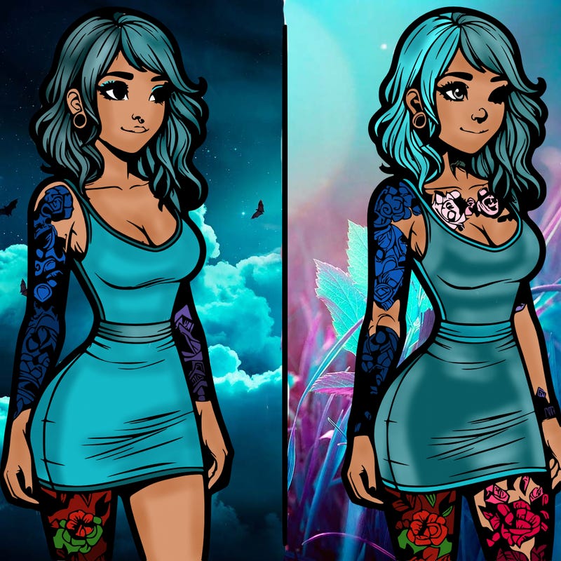 realistic woman with tatoos wearing a short dress