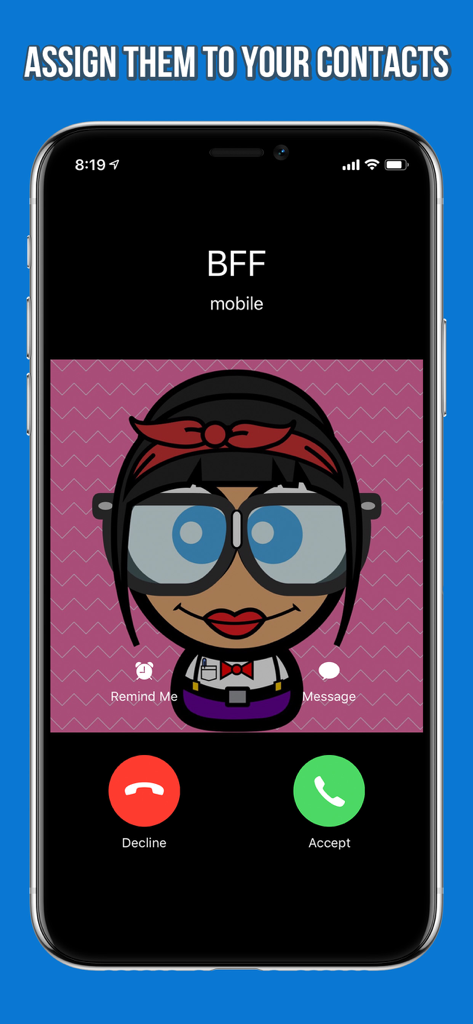 Cute Avatar Creator - Smartphone screen showing a custom avatar assigned to a contact for incoming calls