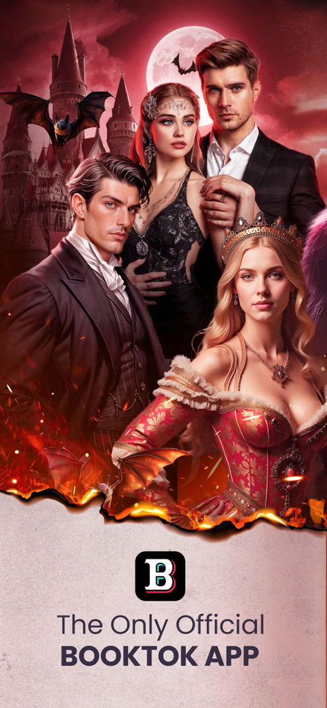 Booktok - Booktok Official App - Obra de arte promocional para la aplicación Booktok con personajes diversos de romance y fantasía frente a un castillo gótico.