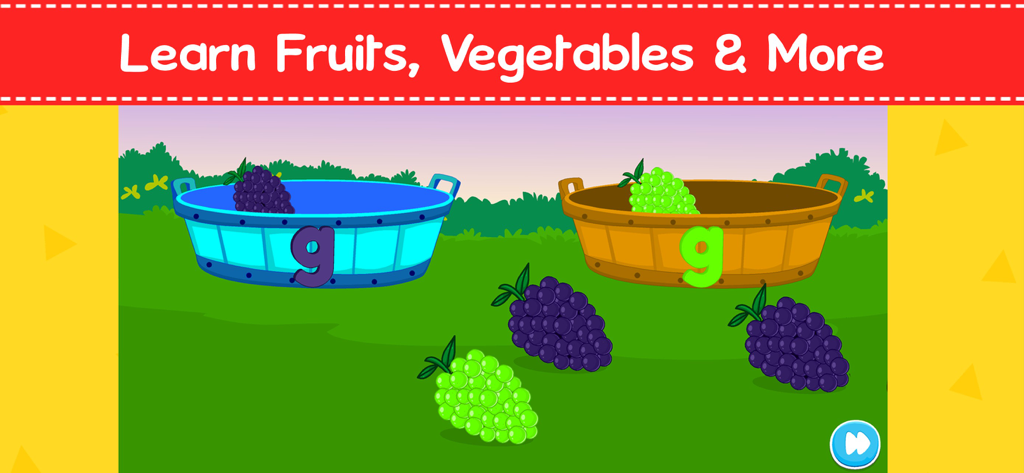 English For Kids - School App - Interactive educational game for kids to learn fruits and the letter G with purple and green grapes