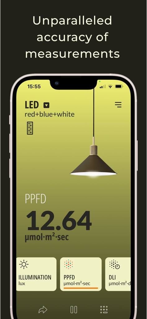 Light Meter: Lux-525 Pro - Light Meter Lux 525 Pro app interface showing a PPFD measurement for LED lights