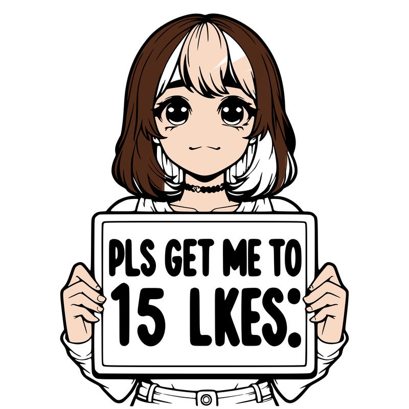 realistic girl holding up a sign that says “pls get me to 15 likes!”